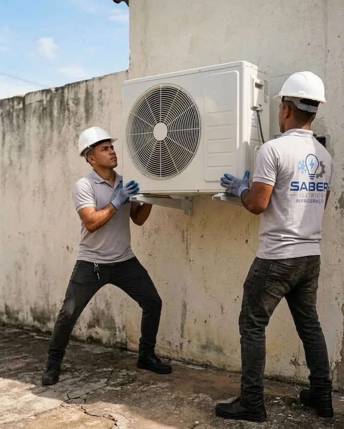 Técnicos posicionando a unidade condensadora do ar-condicionado na parede externa