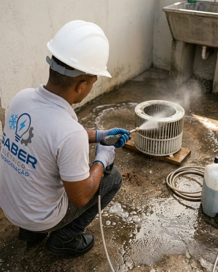 Equipe da Saber Elétrico higienizando componentes do ar-condicionado