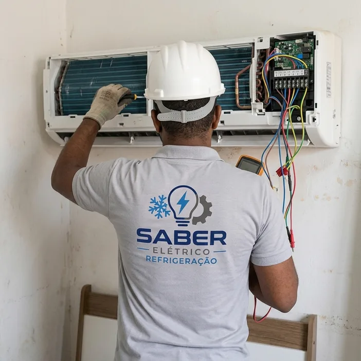 Técnico realizando a ligação elétrica da unidade interna